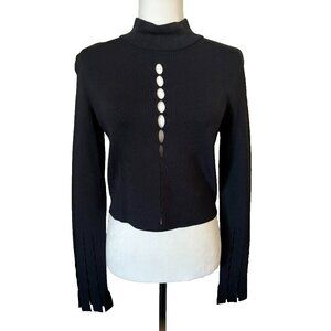 JONATHAN SIMKHAI Long Sleeve Top Size Large Black Cut Out Fringe Sleeves Viscose